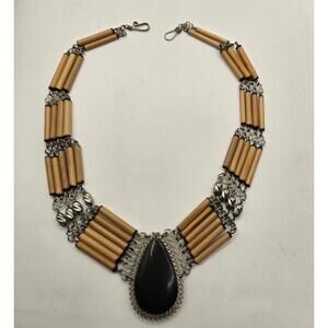 vintage Peruvian Obsidian Teardrop Pendant Bamboo Beads Choker Ethnic necklace